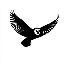Silhouetted owl in flight with widespread wings against a white backdrop.