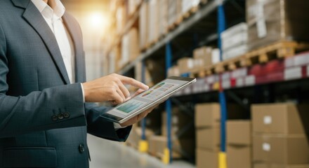 Caucasian male using tablet for inventory management in warehouse