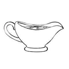 Black and white vector line drawing of a sauce boat with sauce. Suitable for menus, packaging, logos, recipes, kitchen illustrations, and culinary design.