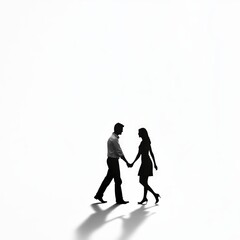 Silhouette of a couple walking hand-in-hand against a bright white background.