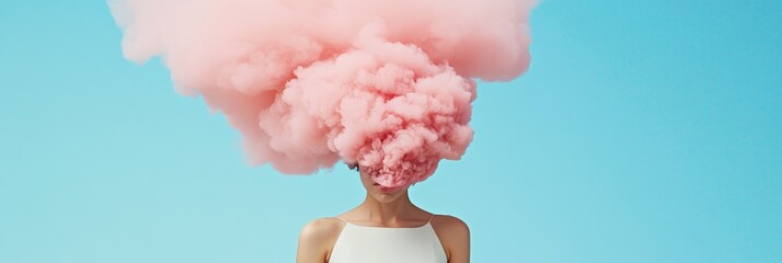 Surreal image of a woman with a pink cloud covering her face, representing abstract thoughts, information overload, or a mental health condition against a vibrant blue background