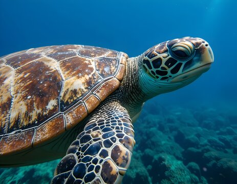 Sea turtle gliding through ocean with intricately textured shell patterns