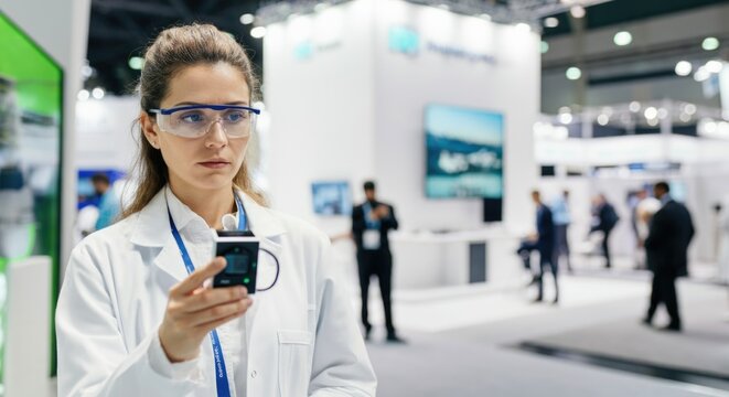 Young caucasian female scientist analyzing data in a technology exhibition - Powered by Adobe