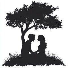 Silhouette of a couple sitting in a field under a tree, holding hands.