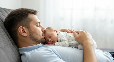 Caucasian adult male sleeping peacefully with infant on sofa