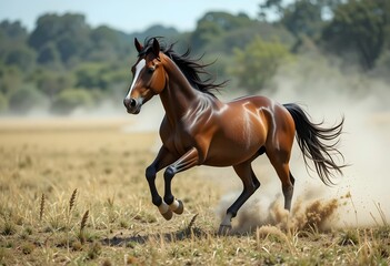 Fototapeta premium Wild horse galloping through field with swirling dust beneath hooves