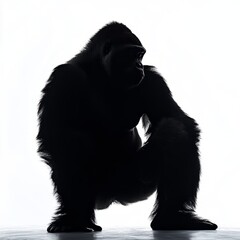 Silhouette of a gorilla in a squatted position against a white background.
