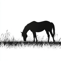 Silhouette of horse grazing in field on a bright day, isolated on white.