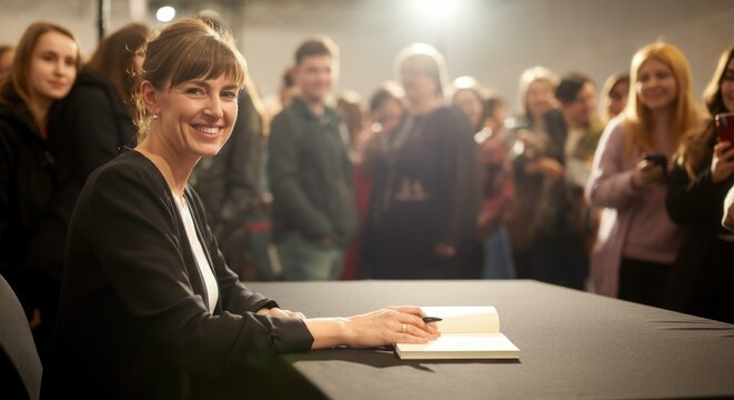 Female author signing books at event with enthusiastic crowd