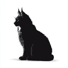Silhouette of a lynx-like animal sitting, its ears perked up, on a white background.