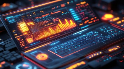 Fototapeta premium Futuristic Laptop with Data Visualization and Neon Interface