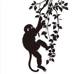 Silhouette of a monkey swinging on vines in a tree on a white background.