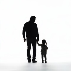 Father and daughter walking together, captured in silhouette against white.