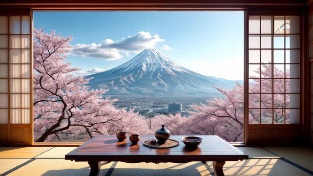 Zoom in Video. Serene Japanese-style interior featuring a tatami floor, wooden shoji screens, and a tea set on a low table, with a stunning view of Mount and pink sakura trees outside.