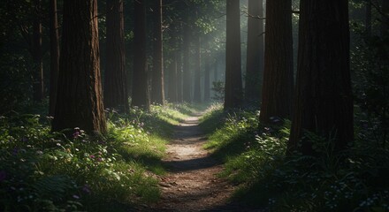 Fototapeta premium Moonlit Forest Path Glowing Softly - Ethereal light illuminates a path winding through a moonlit forest. Symbolizing mystery, tranquility, journey, hope, and nature's serenity