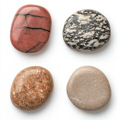 Fototapeta premium Four Polished Stones with Unique Color Patterns and Textures on White Background