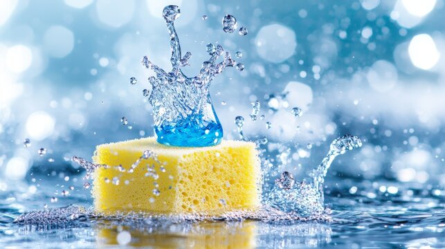 Primer plano de una esponja amarilla brillante salpicando agua en un entorno limpio y fresco