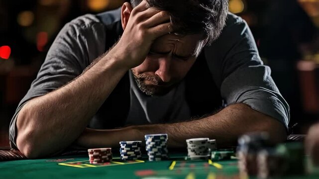 Man shows signs of distress while playing cards in a casino at night surrounded by blurred lights and chips