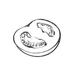 Vector black and white illustration of a half of a tomato in sketch style. Suitable for design, printing, packaging, and decor.