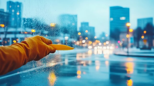 Primer plano de una mano limpiando una ventana de vidrio en una ciudad moderna en un d&iacute;a lluvioso