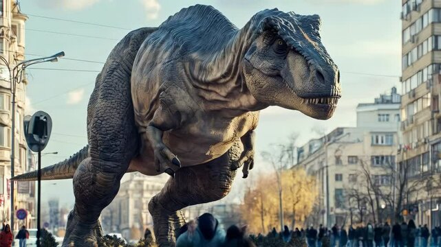 Giant dinosaur roams city streets causing excitement and surprise among pedestrians and onlookers