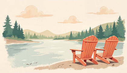 Tranquil Adirondack chairs by serene lake, peaceful escape