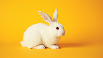 Obraz premium Cute white rabbit on isolated yellow background