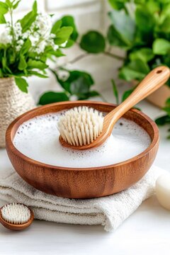 Cepillo para lavar platos limpiando una sart&eacute;n grasosa en una cocina luminosa y fresca