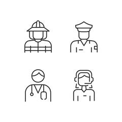 Main Services icons. Set of 4 modern minimalist icons dedicated to various emergency situations and responses. Includes symbols for first responders and safety equipment. Vector illustration.