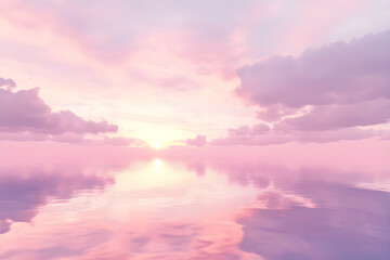 Ethereal Pink Horizon: Dreamy Skyscape Reflecting Pastel Clouds and Tranquil Waters at Sunset