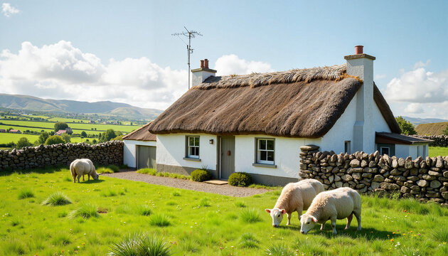 Thatched cottage with sheep grazing in the countryside.