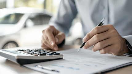 Car salesperson calculating monthly commission after vehicle sales