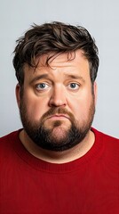 Obraz premium A portrait of a man with a contemplative expression. He's wearing a red shirt against a neutral background.