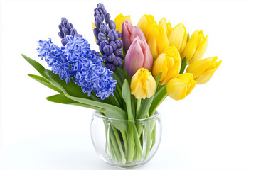 Bouquet of delicate  tulips and hyacinths in a glass vase.