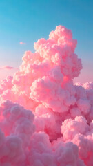 Above Dreamy Pink Cloudscape. Big fantasy cumulus sugar cotton pink pastel cloud in blue sky. Amazing background. Dreamlike Atmosphere. Soft gradient Backdrop. Sunny weather. High quality photo.