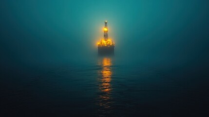 Fototapeta premium An oil rig at sea shrouded in mist, illuminated by its own lights, creating a dramatic and atmospheric scene.