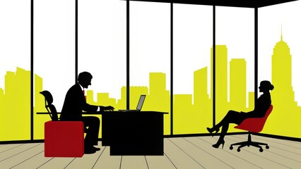 Silhouette of a business meeting in a modern office with a cityscape view. Two figures, a man and a woman, are seated at a desk and in a chair, respectively, against a yellow city backdrop.