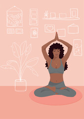 girl doing yoga against the backdrop of paintings and plants with a pink background