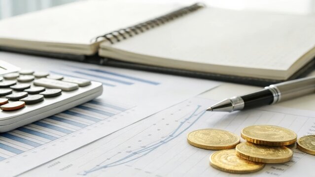 Close up view of a calculator, investment reports, and gold coins on a desk. A pen and notebook are also in the frame. The image evokes a sense of financial planning and analysis.