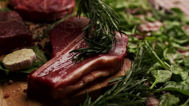 Rosemary Twig Brushing Olive Oil on Beef Steak Close Up