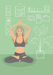 girl doing yoga against the backdrop of paintings and plants with a green background
