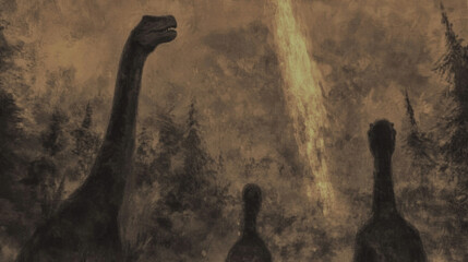 Dinosaurs witness majestic meteor shower in forested prehistoric landscape