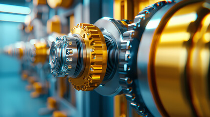 Fototapeta premium A close-up view of intricate mechanical gears with a golden and metallic finish, showcasing precision engineering and design.