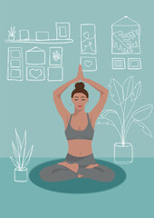 girl doing yoga against the backdrop of paintings and plants with a blue background