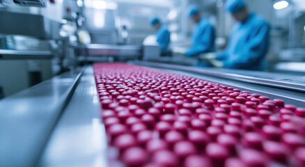 Red pills are arranged neatly on a conveyor belt within a pharmaceutical production area, with workers in blue attire in the background