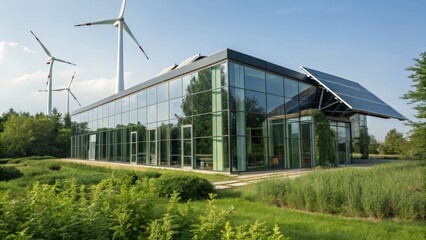 Obraz premium Futuristic bank building with glass walls and renewable energy sources like solar panels and wind turbines. Modern design integrated into a green landscape.
