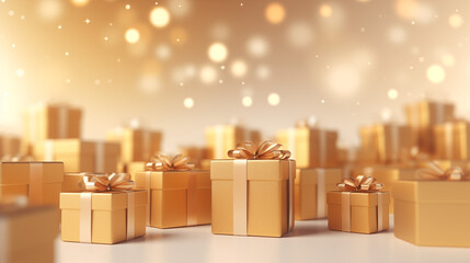 Vue de face de cadeau de Noël, ambiance festive et hivernale. Couleurs beige, doré. Espace vide de composition pour conception et création graphique.