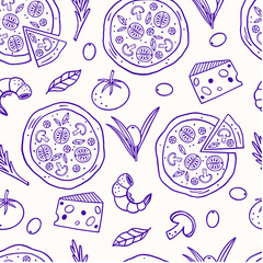 Seamless pattern with Italian pizza and various themed food.