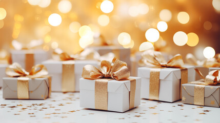 Vue de face de cadeau de Noël, ambiance festive et hivernale. Couleurs beige, doré. Espace vide de composition pour conception et création graphique.