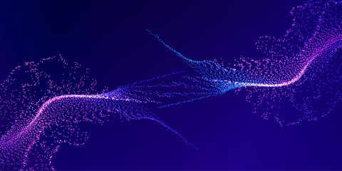 Technology Artificial Intelligence particles banner. Big ai data stream waves neon purple and blue background. Futuristic network connect vector blurred design.